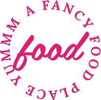 Pink food text logo surrounded in a circle by the words A Fancy Food Place Yummy